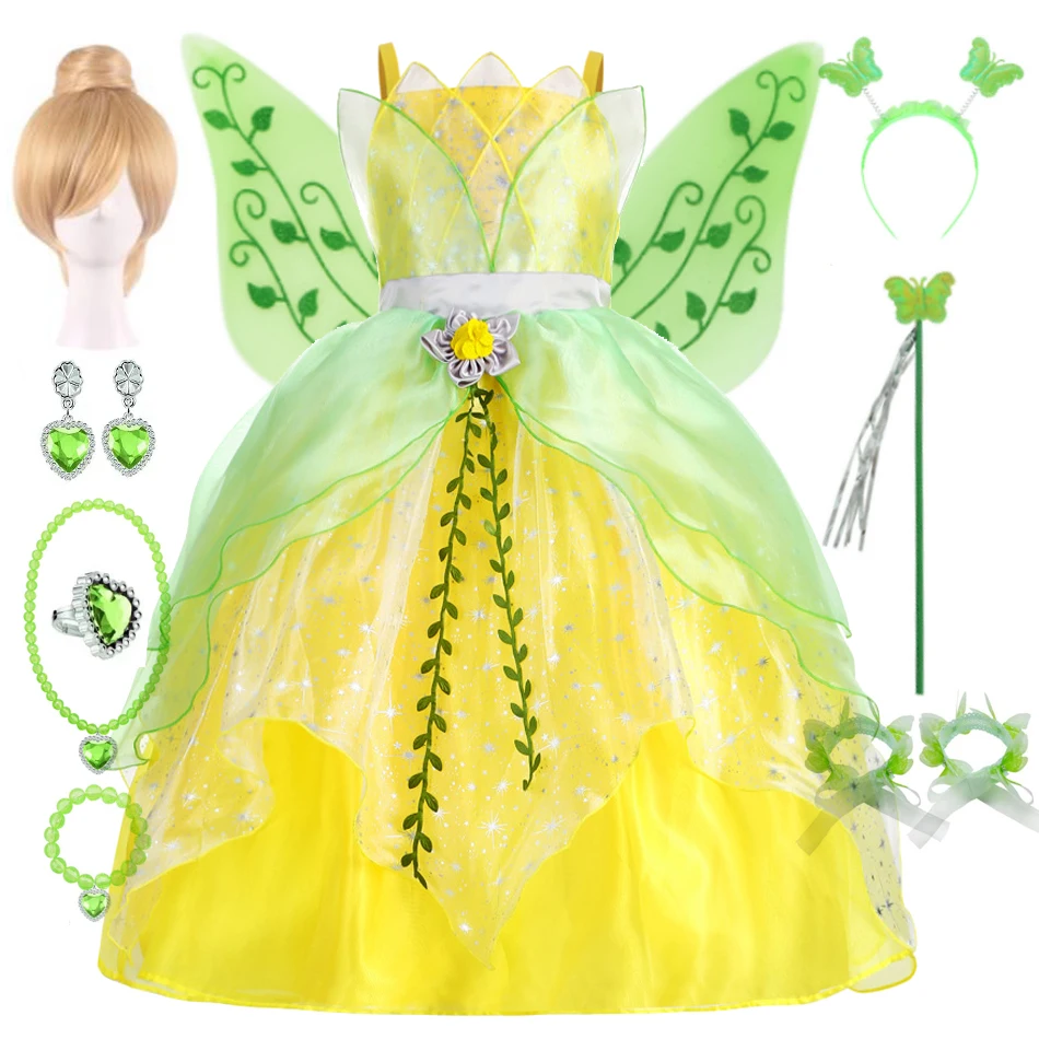 Tiana Dress Girl Halloween Deluxe Tulle Dress Summer Theme Party Outfit Princess Cosplay Costume Birthday Surprise