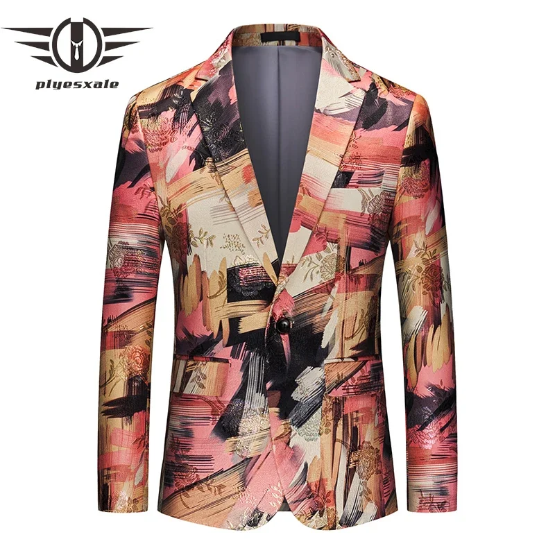 

Plyesxale 2024 New Spring Autumn High Quality Casual Printed Blazer Men 6XL Classic Slim Fit Prom Party Blazer Suit Jacket Q1521