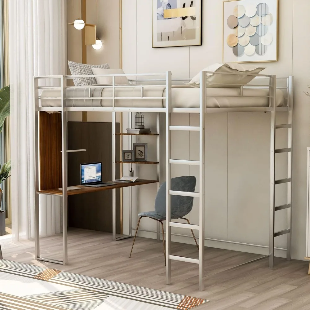 new Harper & Bright Designs Full Size Metal Loft Bed with Desk and Shelves, for Kids Teens Adults (Silver)