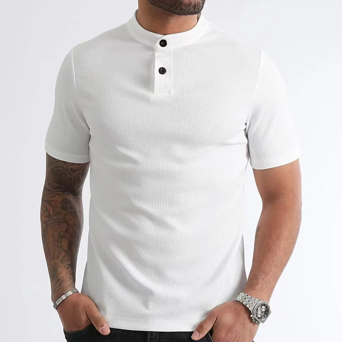 

Summer Trend Men's Casual T-Shirt: Waffle Sports Sweat Absorbent Crewneck Bubble, Solid Color Polo Shirt, Button Embellished Top