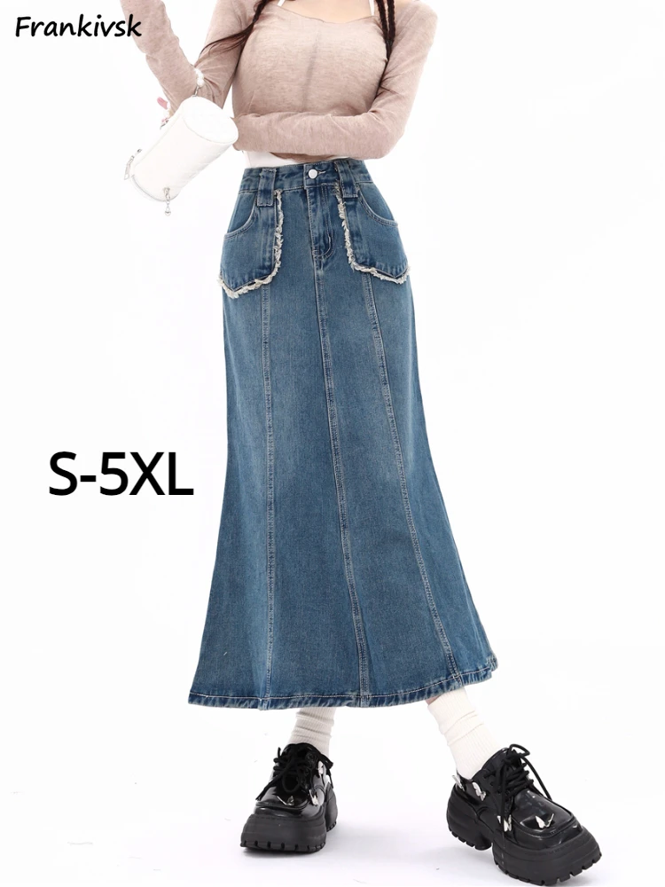 S-5XL Gonne di jeans Donna Tasca Tromba Do Old Fashion All-match Casual Quotidiano Estate Semplice a metà polpaccio Solido Stile coreano Faldas