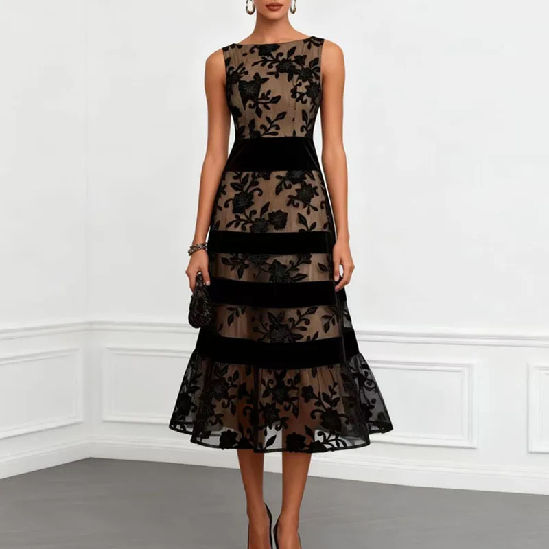 Sexy Sheer Floral Splicing Layered A-Line Dress Woman Spring O Neck High Waist Lace Party Dress Summer Sleeveless Casual Dresses
