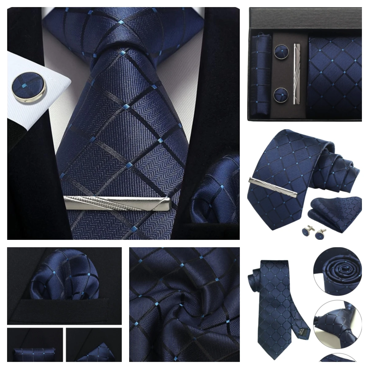 Klassische Herrenkrawatten aus 100 % Seide in Geschenkbox, 8 cm, kariert, gepunktet, gestreift, Business-Krawatte, Einstecktuch, Manschettenknöpfe, Hochzeitskrawatten-Set – Detail 14