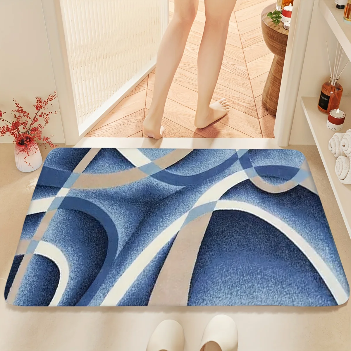 

Abstract Wave Pattern Printed Flannel Bath Mat With Blue Beige And White Design Soft Non Slip Rug For Bathroom Or Home Decor