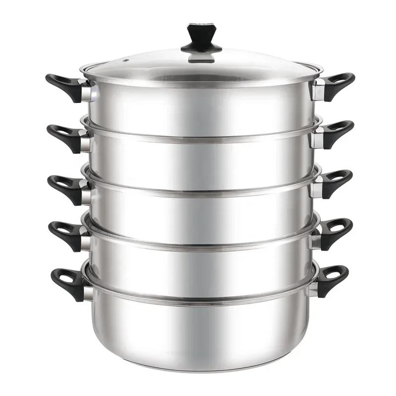 

Hot Sale High Quality 5 Layer Stainless Steel Food Dumpling Steamer Cooking Pot With Lid And Bakelite Handle 4SETS 30-36cm
