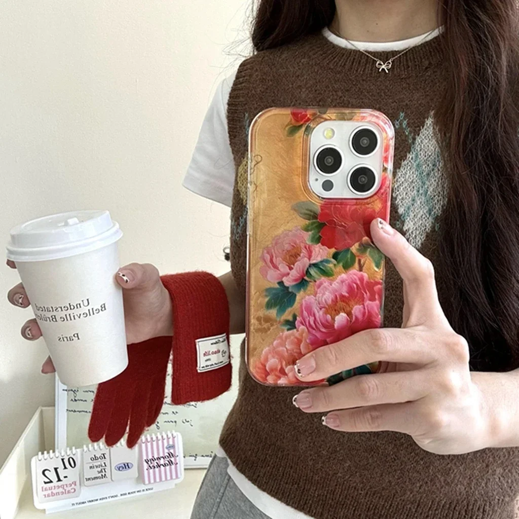 Retro Oil Painting Green Leaf Red Pink Flower Tin Foil Pattern Cover Case for iPhone 16 15 14 13 Pro Max Phone Case