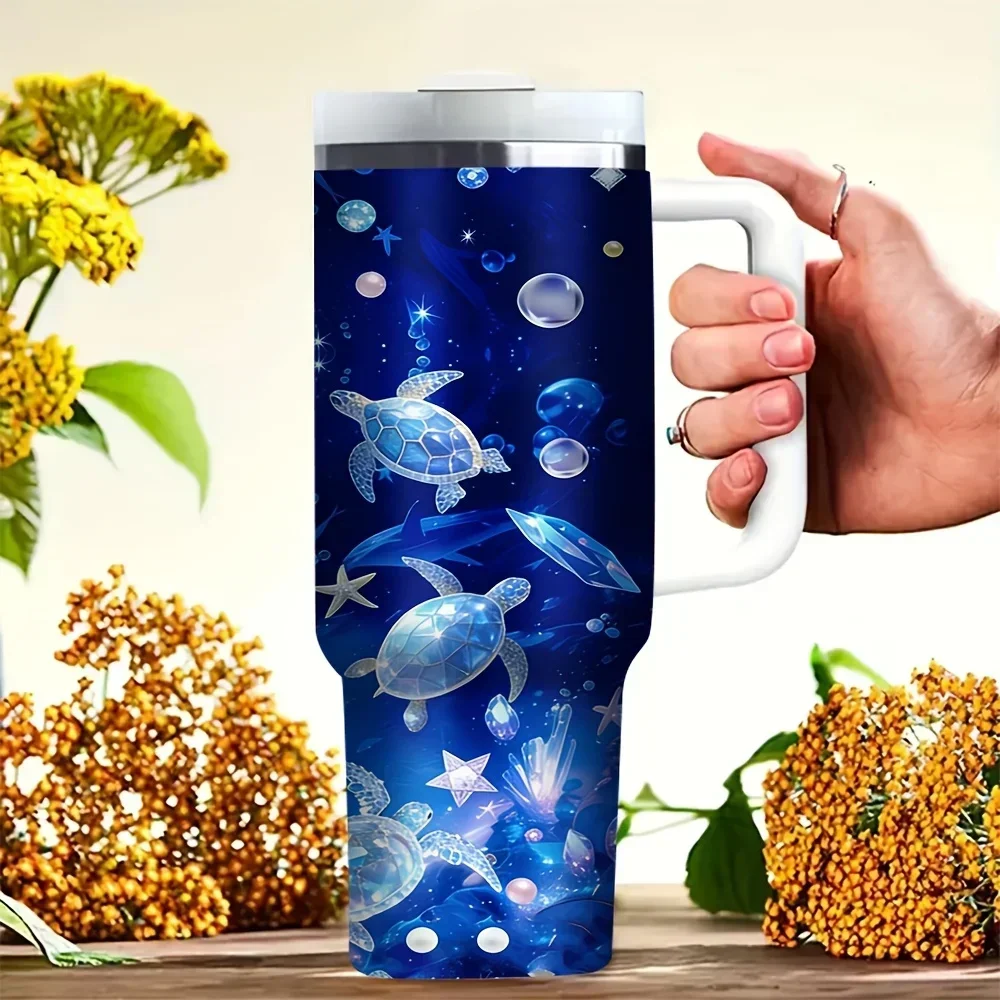 40Oz Tumbler with Handle, Cute Ocean Fish Turtle Bubble Print Design, Fits Both Hot And Cold Drinks, Suitable for Daily Use, Outdoor Travel And Camping Trips for All Peopleorders for other colors will be shipped randomly in black or white
