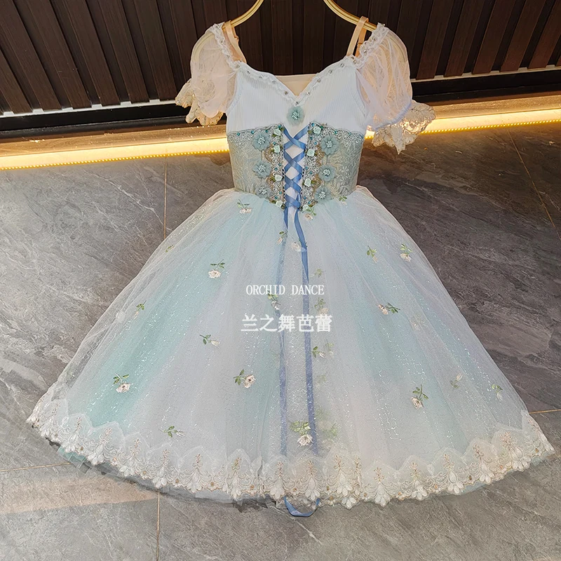 BT250620 High Quality Custom Size Kids Girls  Ballet Dance Performance Wear Gilsay Blue Long Romantic Tutu Dress