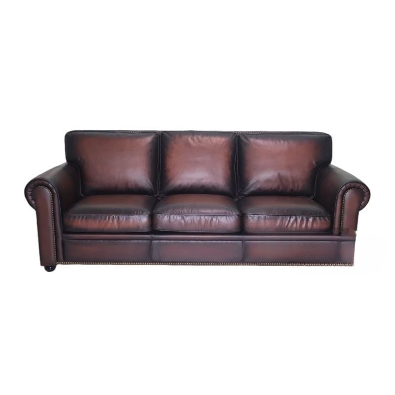 American retro luxury leather large apartment villa hotel living room three people hand polished cowhide, sofa