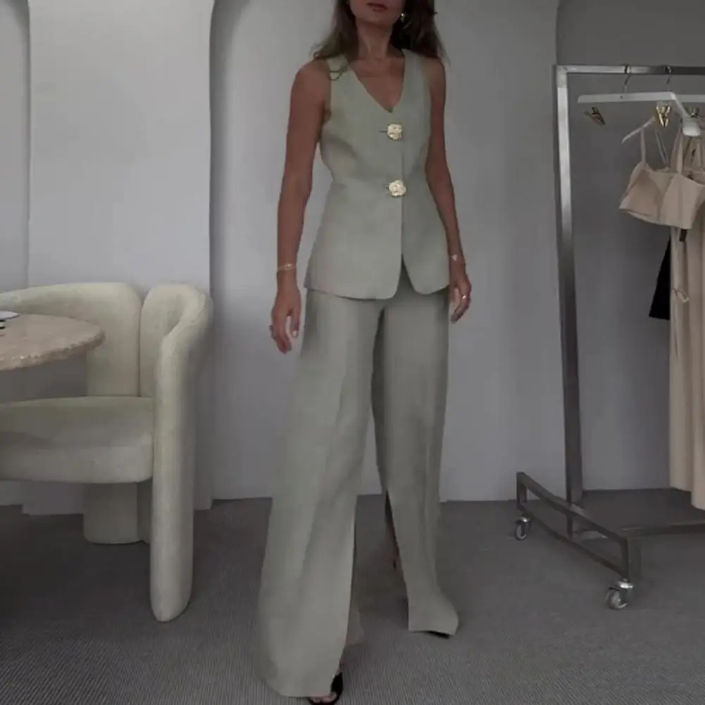 Slim Fit Women Suit Chic Women's V-neck Sleeveless Top Wide Leg Pants Two-piece Set for Work Play Wide-leg Trousers Suit