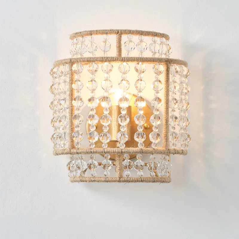 American Retro Wall Lamp, Crystal Hemp Rope Wooden Beads Handmade Creative French Simple Entrance Living Room Bedroom Bedside