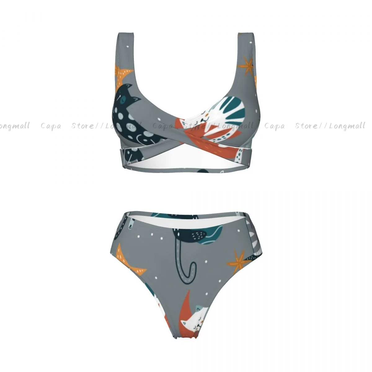 Summer Women V Neck Bikini Set Funny Cats In Space Swimwear Female 2 Piece Beach Swimsuit Bathing Suit