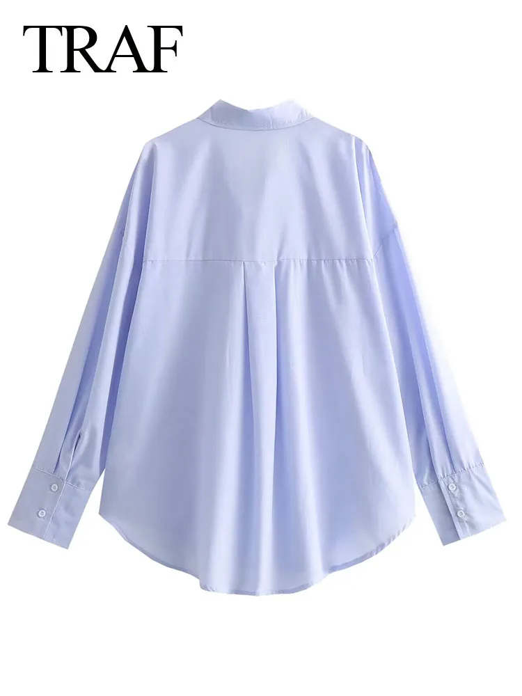 TRAF 2024 Women Casual Shirt Spring Blue Blouse Turn Down Long Sleeve Loose Single Breasted Shirts Female Chic Elegant Top