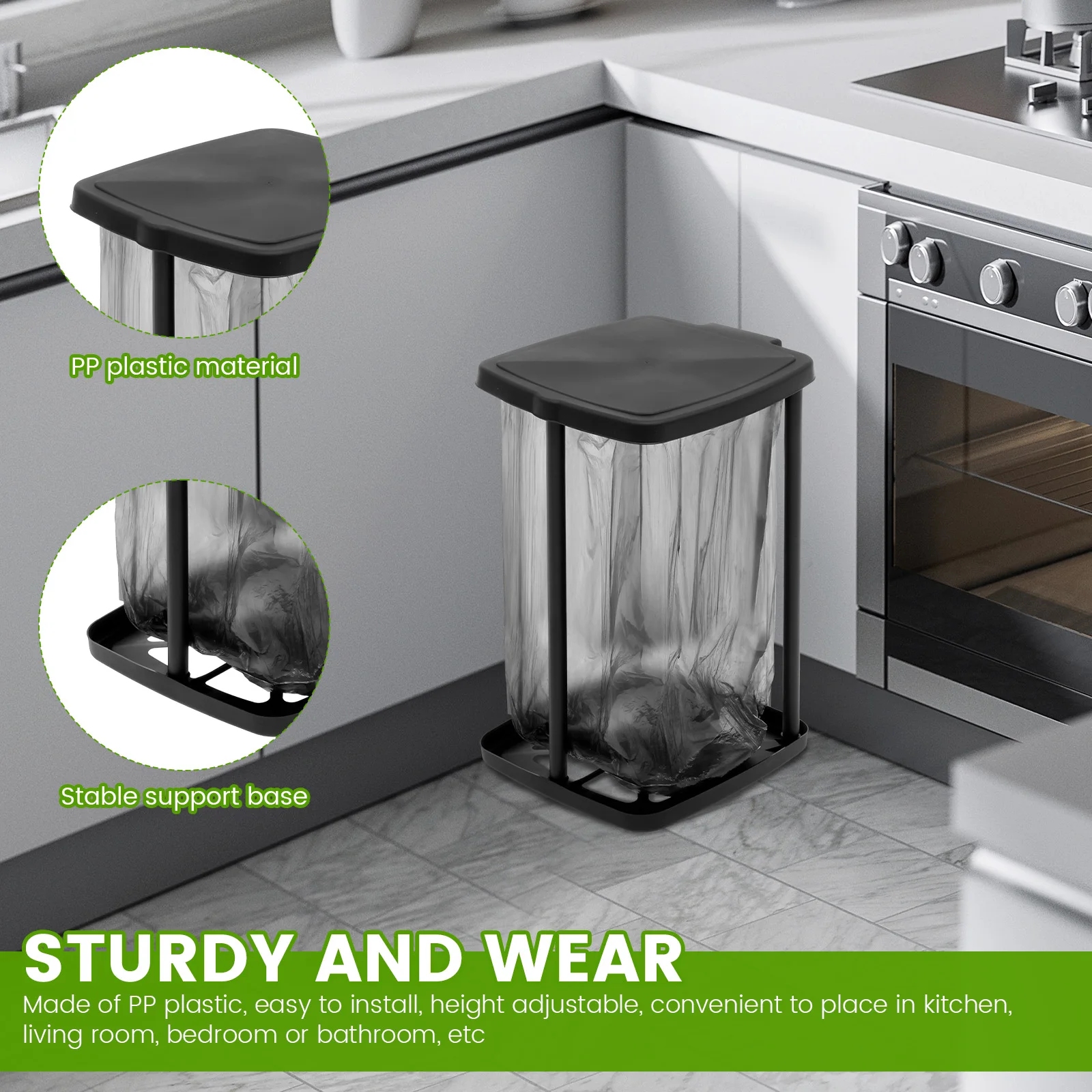 Trash Can Holder Kitchen Camping Portable Garbage Bag Support Frame with Lid Adjustable Height for Home Party Outdoor Use