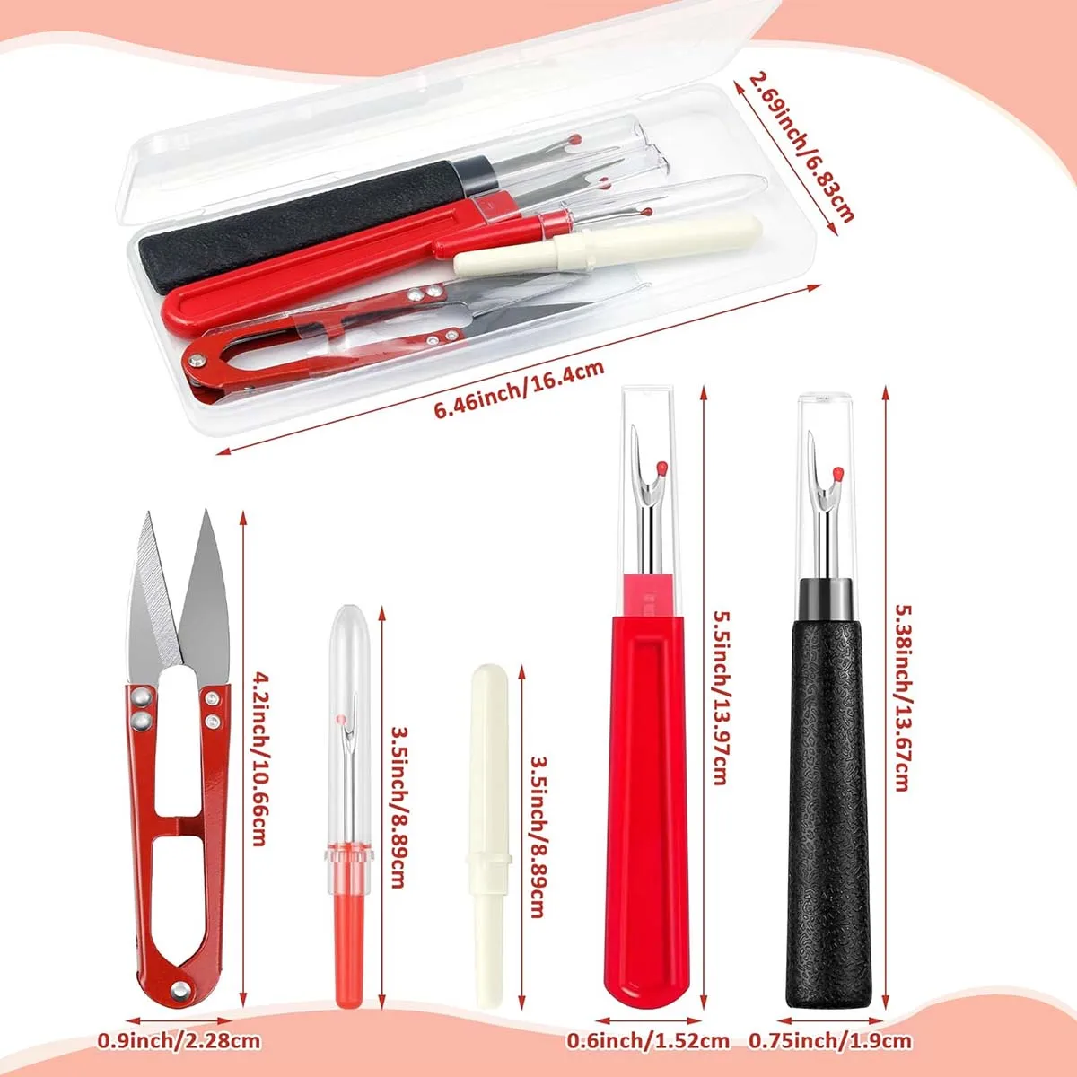 5Pcs Seam Ripper Kit with Thread Snips, Multi Size Stitch Unpicker Thread Cutter Sewing Embroidery Repair Tools Set