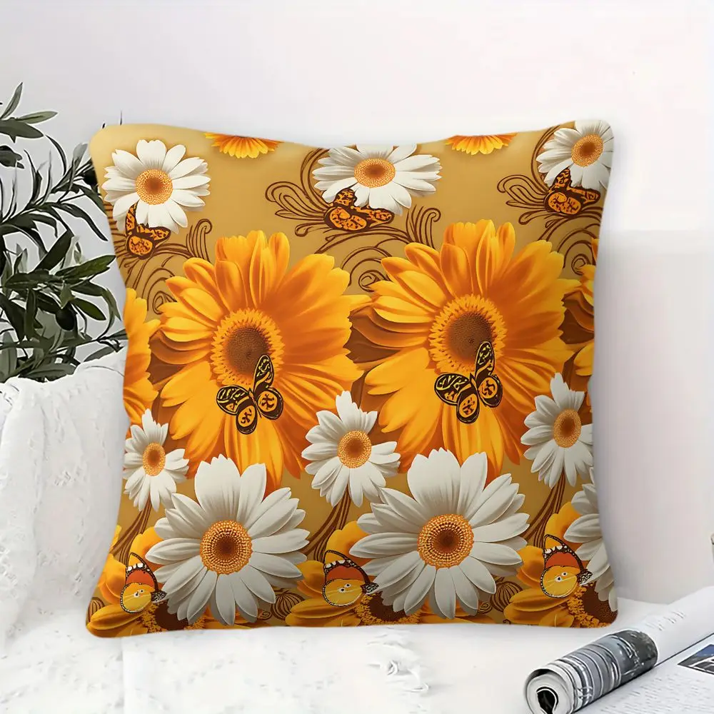 Sunflower Butterfly Floral Print Throw Pillow Cushion Accent Pillow 45×45cm Includes Pillow Core Boho Living Room Sofa Decor