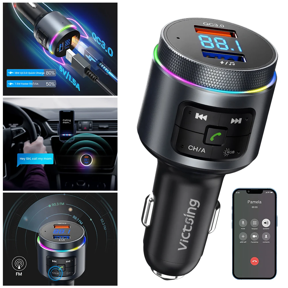 Bluetooth FM Transmitter for Car, Bluetooth Car Adapter, Bluetooth Radio Car, MP3 Player QC3.0 Quick Charge, Hands Free Calling