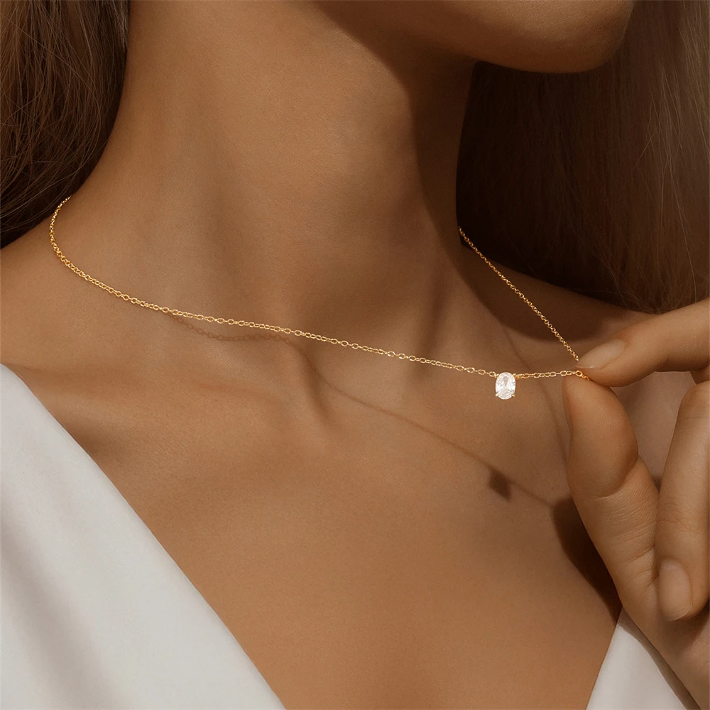 روكسي 925 فضة فاخر البيضاوي/قطرة الماء دلاية من حجر الزركون قلادة للنساء 18K الذهب سلسلة الترقوة مجوهرات حفلات الزفاف