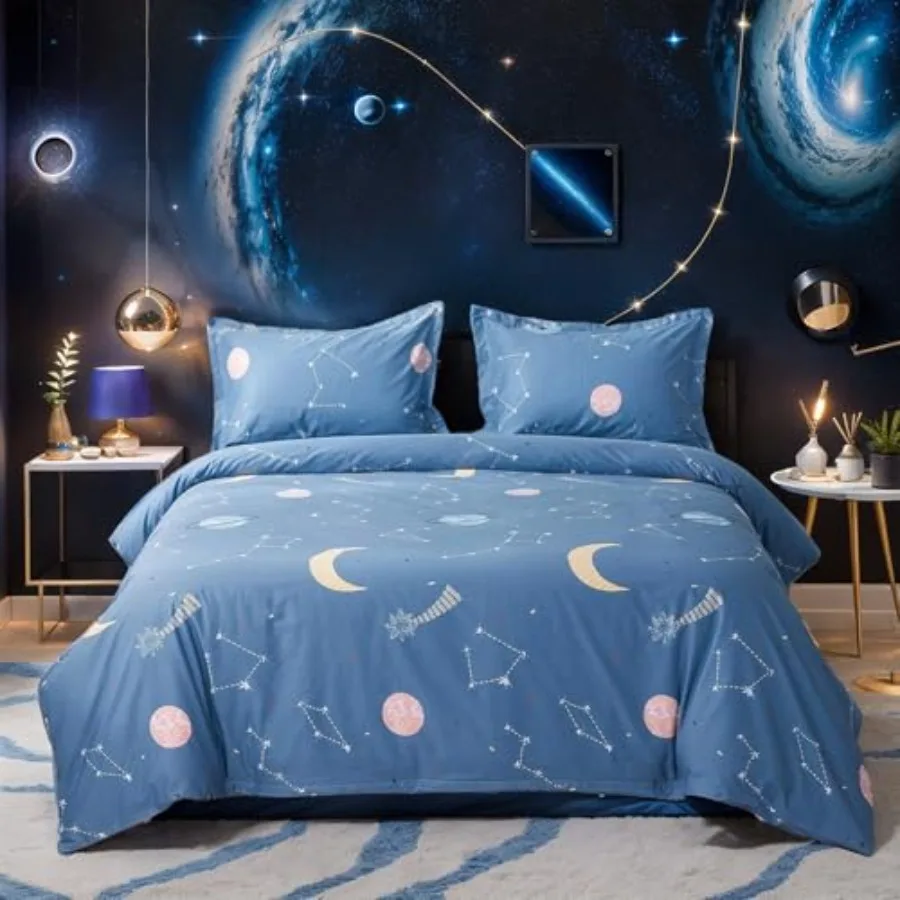 

Outer Space Bedding 100% Cotton Duvet Cover College Bed Set for Dorm Room Zipper Galaxy Comforter Cover Blue Constellation Bedd
