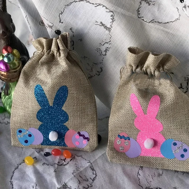 12Burlap Bunny rabbit happy Easter Party candy chocolate Treat gift present bags boy girl Egg Hunt Basket farm decoration