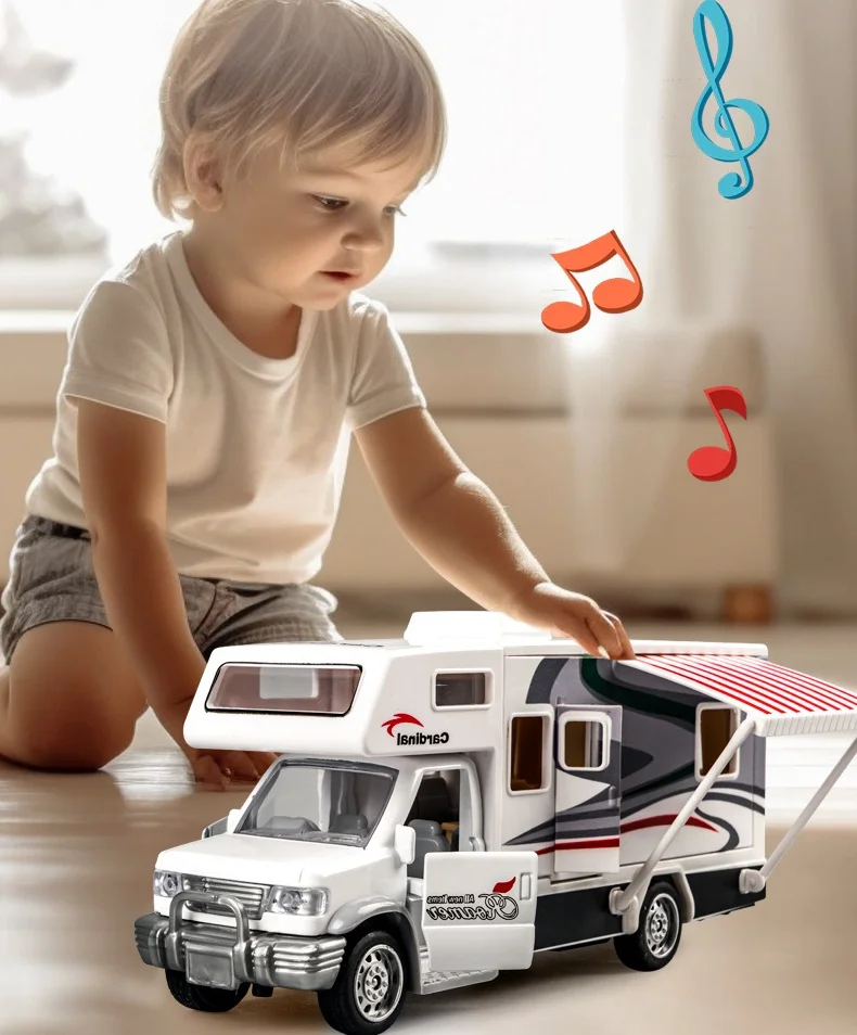 Wohnmobil-Reise-Wohnwagen-Spielzeugauto, 1/32 Van-Modell aus Metalldruckguss, zurückziehbare Sound-Lichttüren, zu öffnende Sammlung, Geschenk für Jungen, Kinder B388