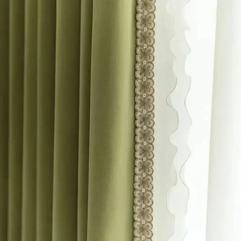 

Custom Size！ Curtains Blackout Ins Wind Luxury Matcha Curtains for Living Dining Room Bedroom Light High Green Tulle Decor