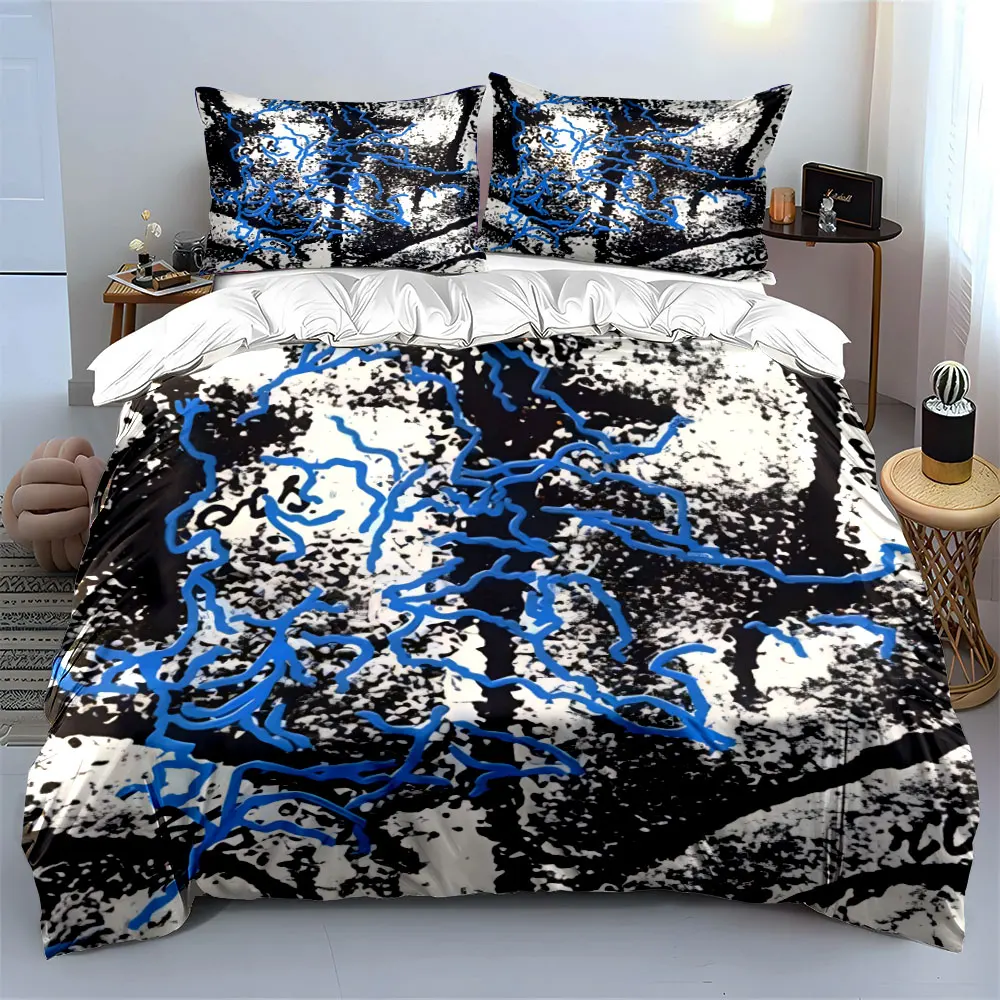 

3Pcs Blue Line Abstract Bedding Set, Black and White Splatter Print Duvet Cover + 2 Pillowcases, Modern Decor