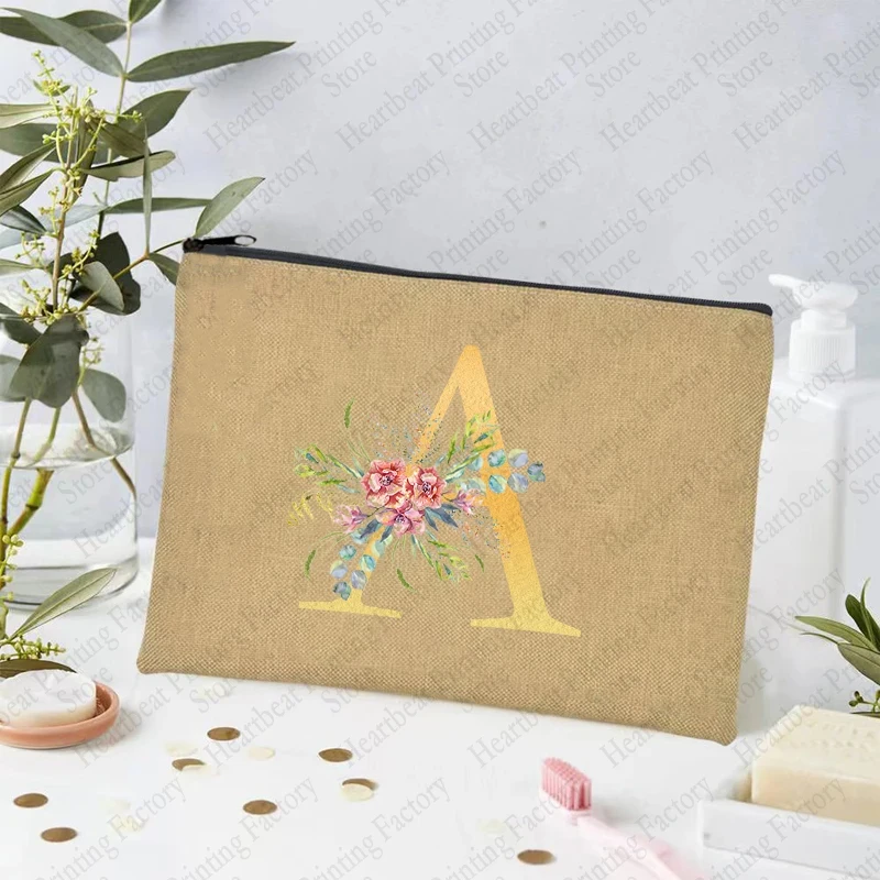 26 Initial Alphabet Flowers Linen Cosmetic Makeup Case Bridal Toiletry Pouch Bag Bridesmaid Teacher Gift Bachelorette Party Gift