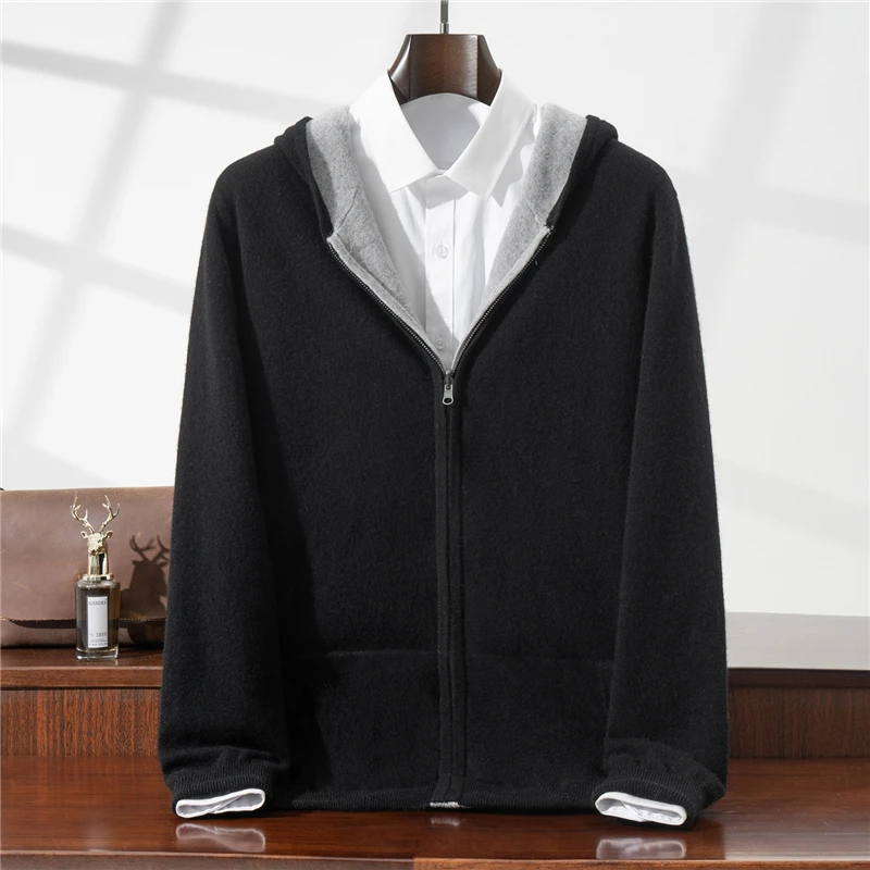 

New Reversible 100% Pure Wool Sweater Men's Hooded Zipper Knitted Cardigan Thickened Cashmere Sweater Coat Top