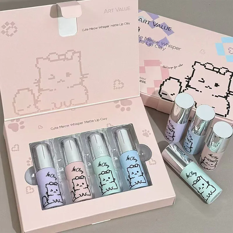 4 قطعة مجموعة طين الشفاه Kawaii القط المخملية أحمر الشفاه عارية ماتي الملمس حريري سهل التلوين طويلة الأمد الشفاه الصقيل ماكياج هدايا مثالية