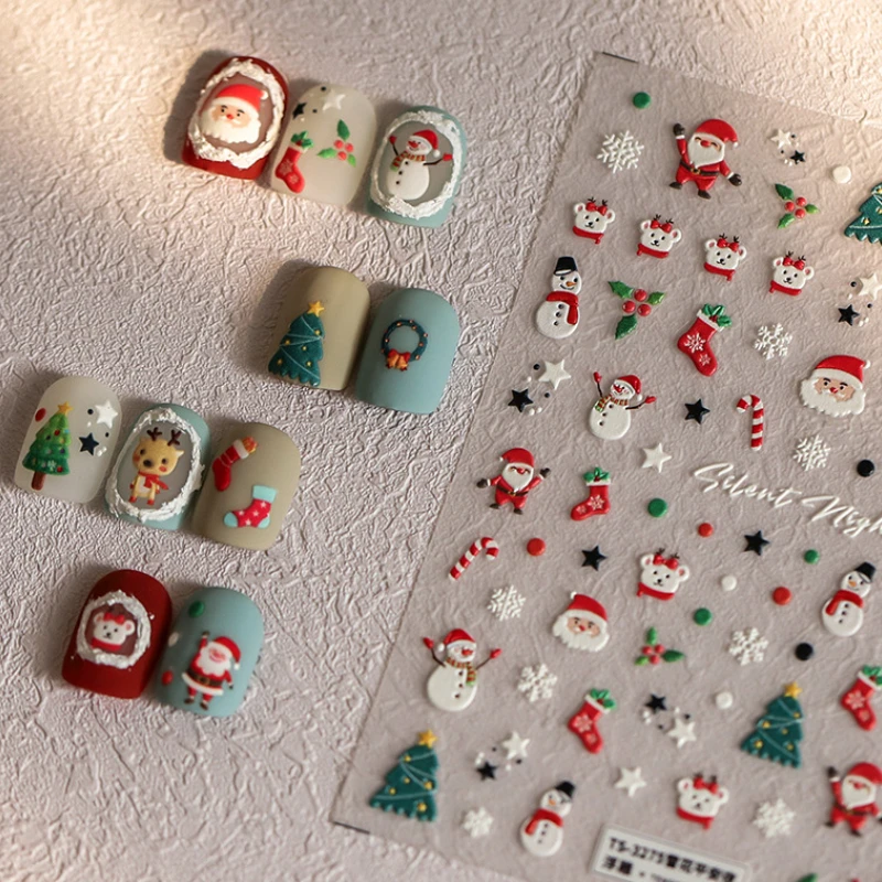 

Santa Claus Snowman Elk Cartoon 5D Embossed Reliefs Self Adhesive Nail Art Stickers Christmas Cute Manicure Decals Wholesale