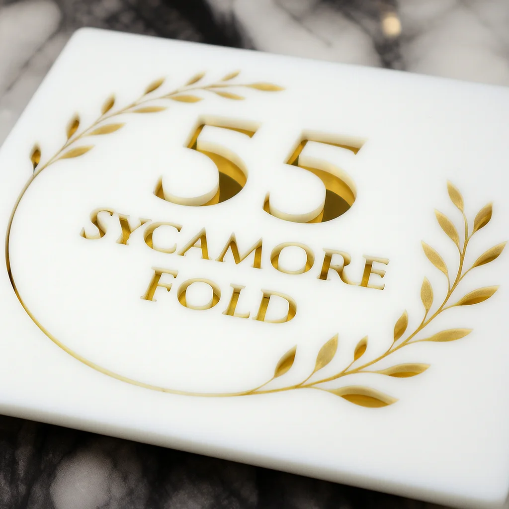 علامة رقم منزل أكريليك مخصصة على شكل ورقة شجر، لوحة عنوان حديثة محفورة بالليزر، لوحة باب متينة مقاومة للماء في الهواء الطلق