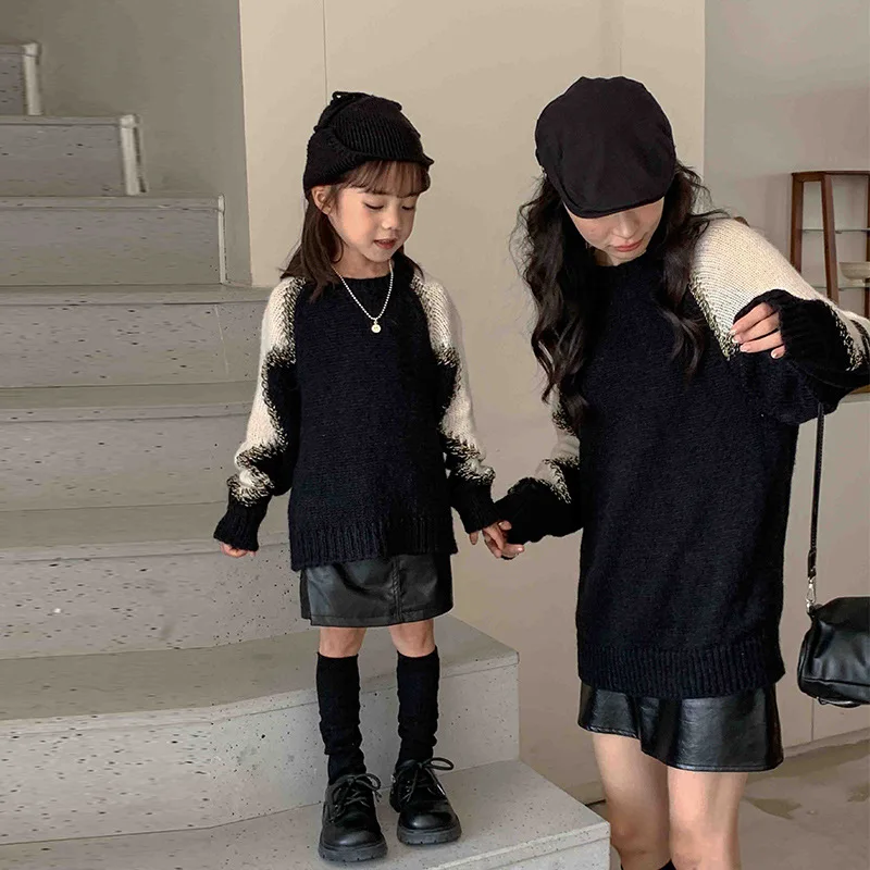 Mother Daughter Matching Clothes Autumn and Winter Sweater 2023 Korean Parent-Child Outfit Contrast Color Knitwear