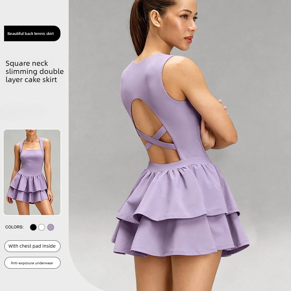 Women Square Neck Tennis Dress Sleeveless Back Cutout Layered Cake Dress Built-in Bra and Shorts Workout Golf Yoga Sports Dress