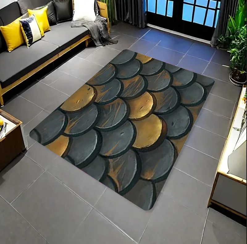 Alfombra Artística con Diseño de Escamas de Dragón en Negro y Dorado - Patrón de Escamas Lujoso Antideslizante y Fácil de Limpiar para Sala de Estar, Dormitorio, Decoración y Entrada de Cocina