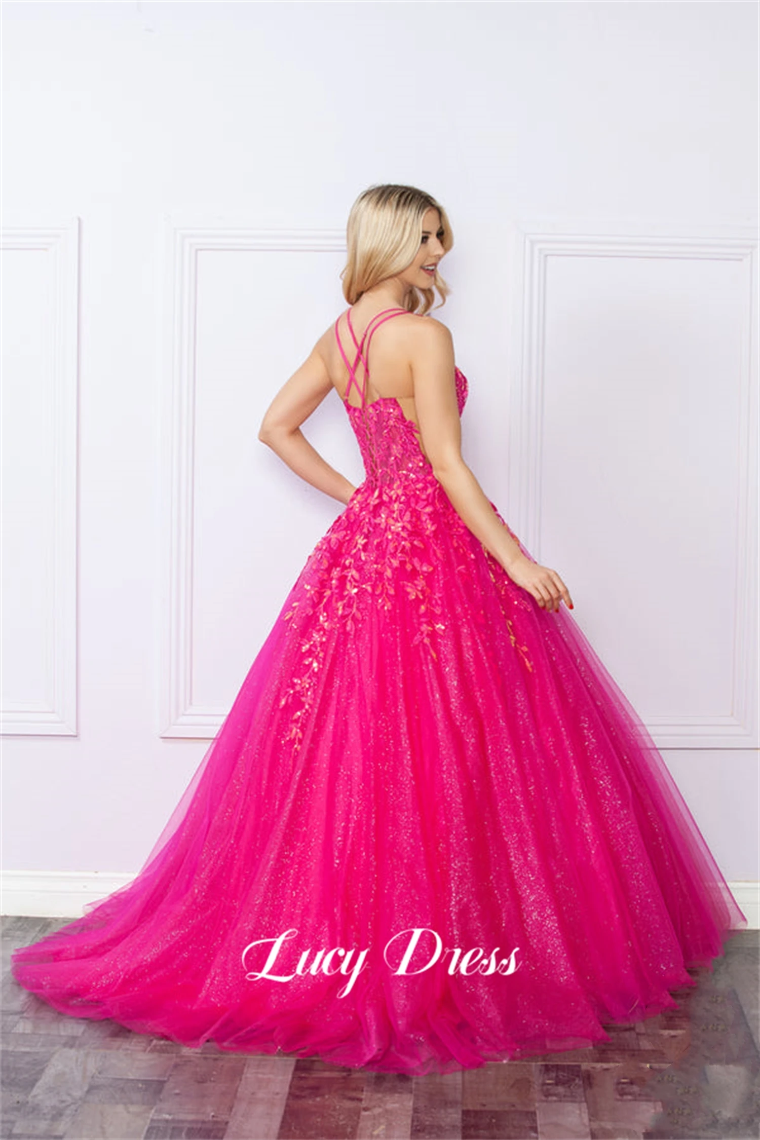 Lucy Mesh Fluffy Party Dress Applique Ball Gown Evening International Dresses Elegant Women Saudi Luxury Formal Occasion Long