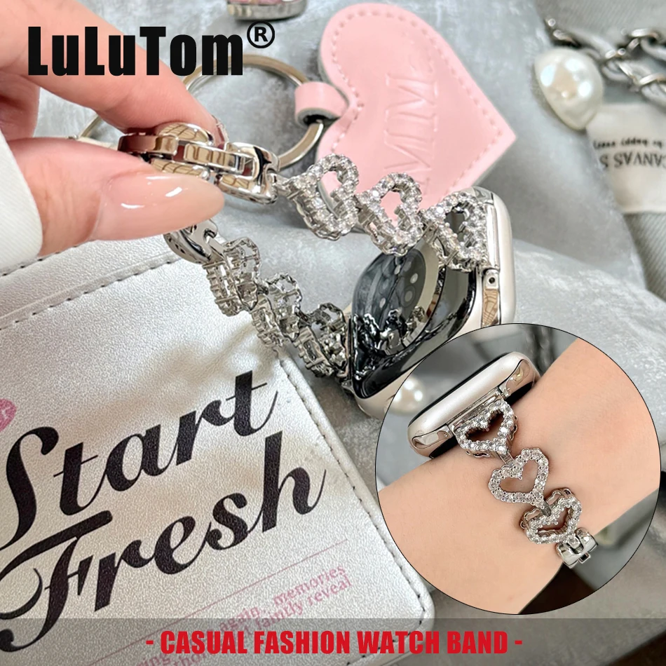 

Модный браслет-ремешок с сердечками и стразами из меди для Apple Watch 11 10 9 8 7 6 SE Ultra, для серий Iwatch 38 40 41 42 44 45 46 49 мм