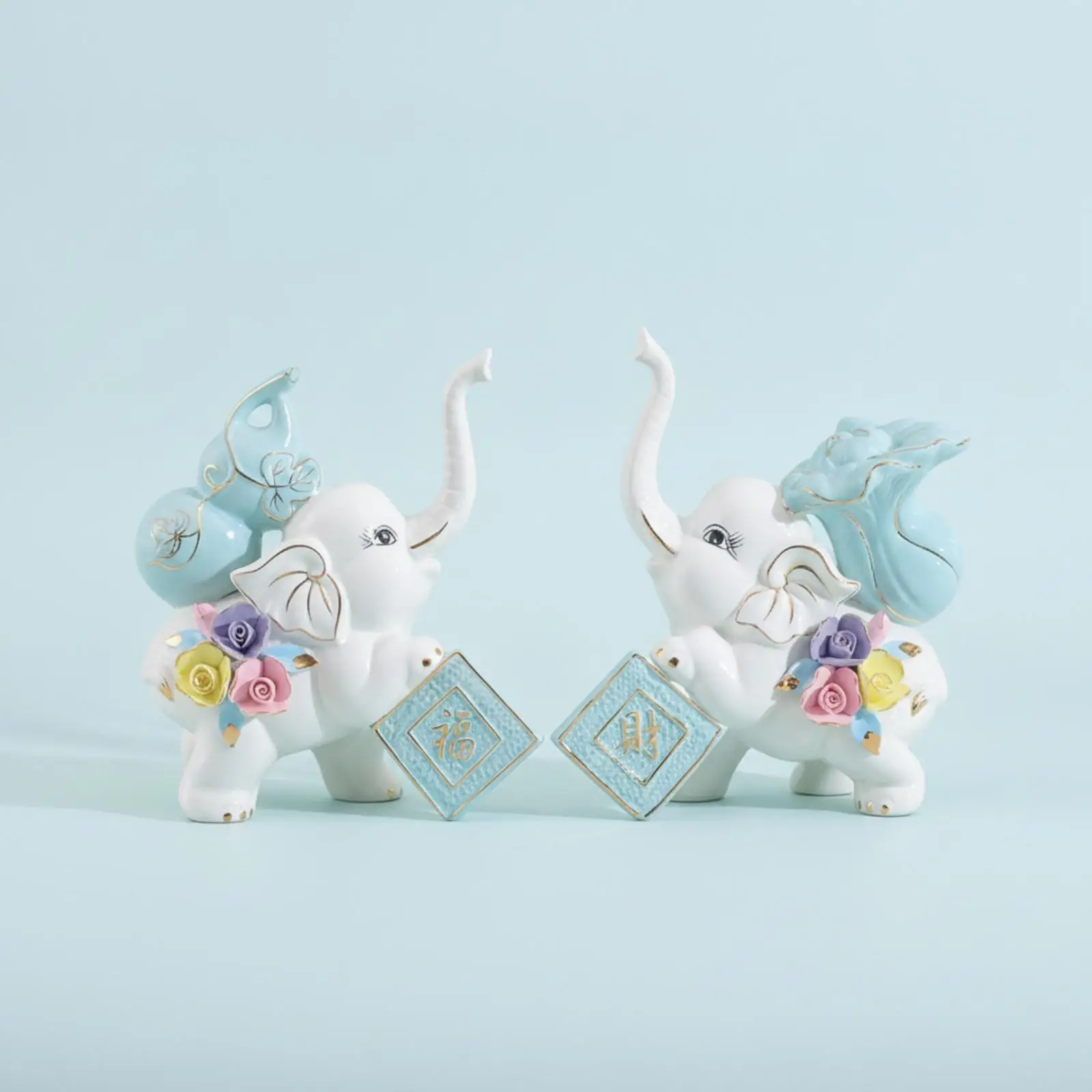 Elephant Statues with Plaques Glossy Elephant Couple Statue Feng Shui for Office