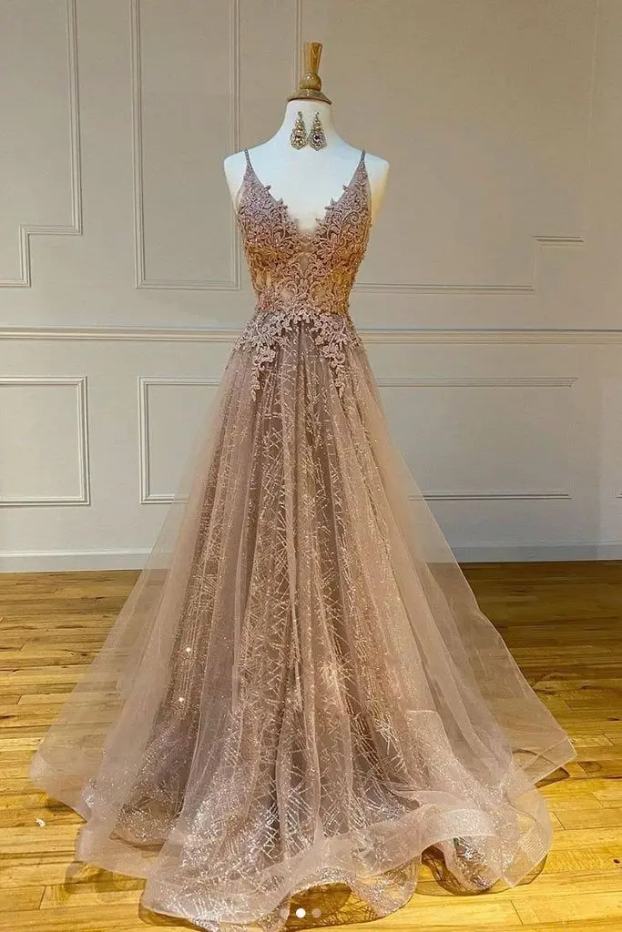 Champagne Evening Dresses Sparkly Bling Illusion Lace Applique Beaded V Neck Sleeveless Long Straps Formal Party Prom Gowns