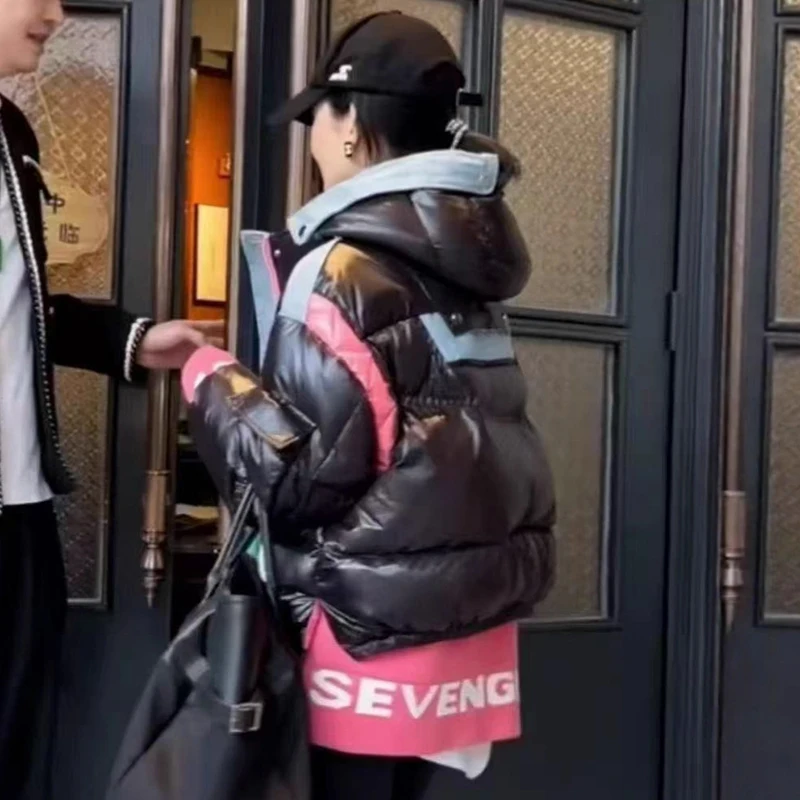 Zimowa damska kurtka puchowa z kapturem, łączona, gruba, ciepła, zapinana na zamek, parka, odzież wierzchnia, damska kurtka z białego puchu kaczy, z nadrukiem liter, płaszcz.