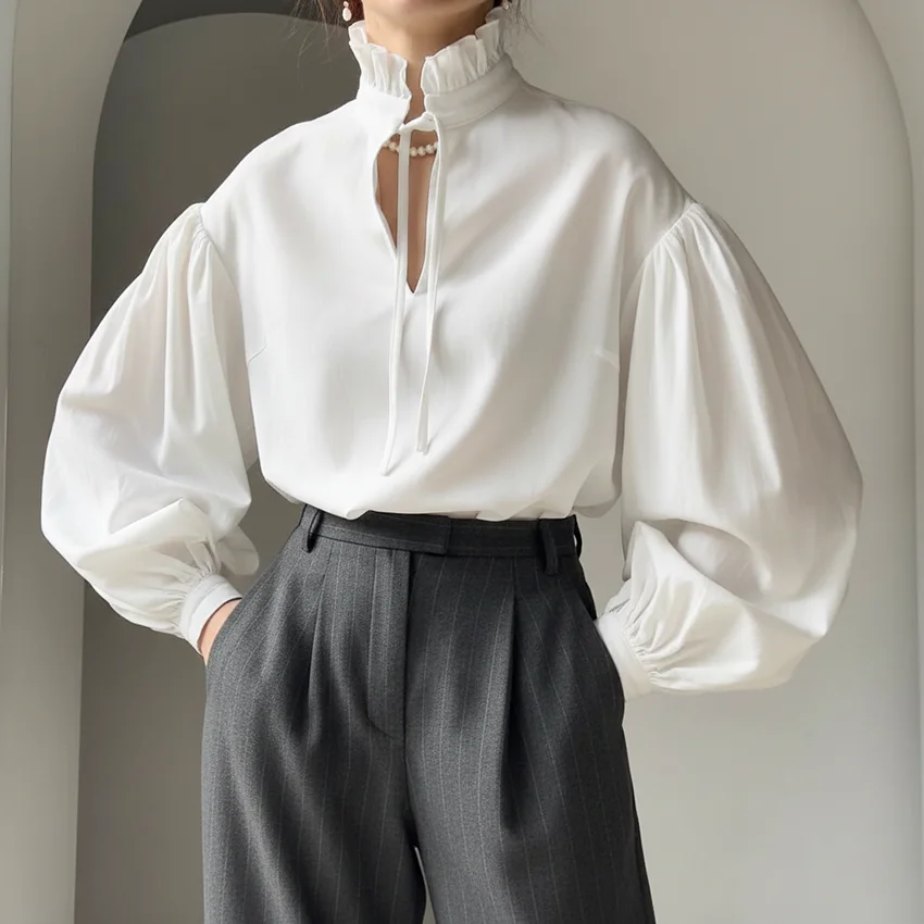 

Linad Elegant White Ruffles Stand Collar Blouse Woman 2026 Vintage Lantern Sleeve Shirts Street Chic Lace Up Pullover Top Female