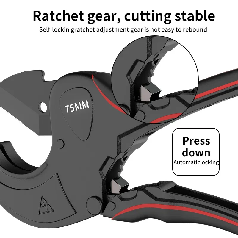 Ratchet Pipe Cutter 32-75mm, Aluminum Alloy Scissor Tool for Cutting PVC PU PP PE Plastic Hose Tube, Hand Tool
