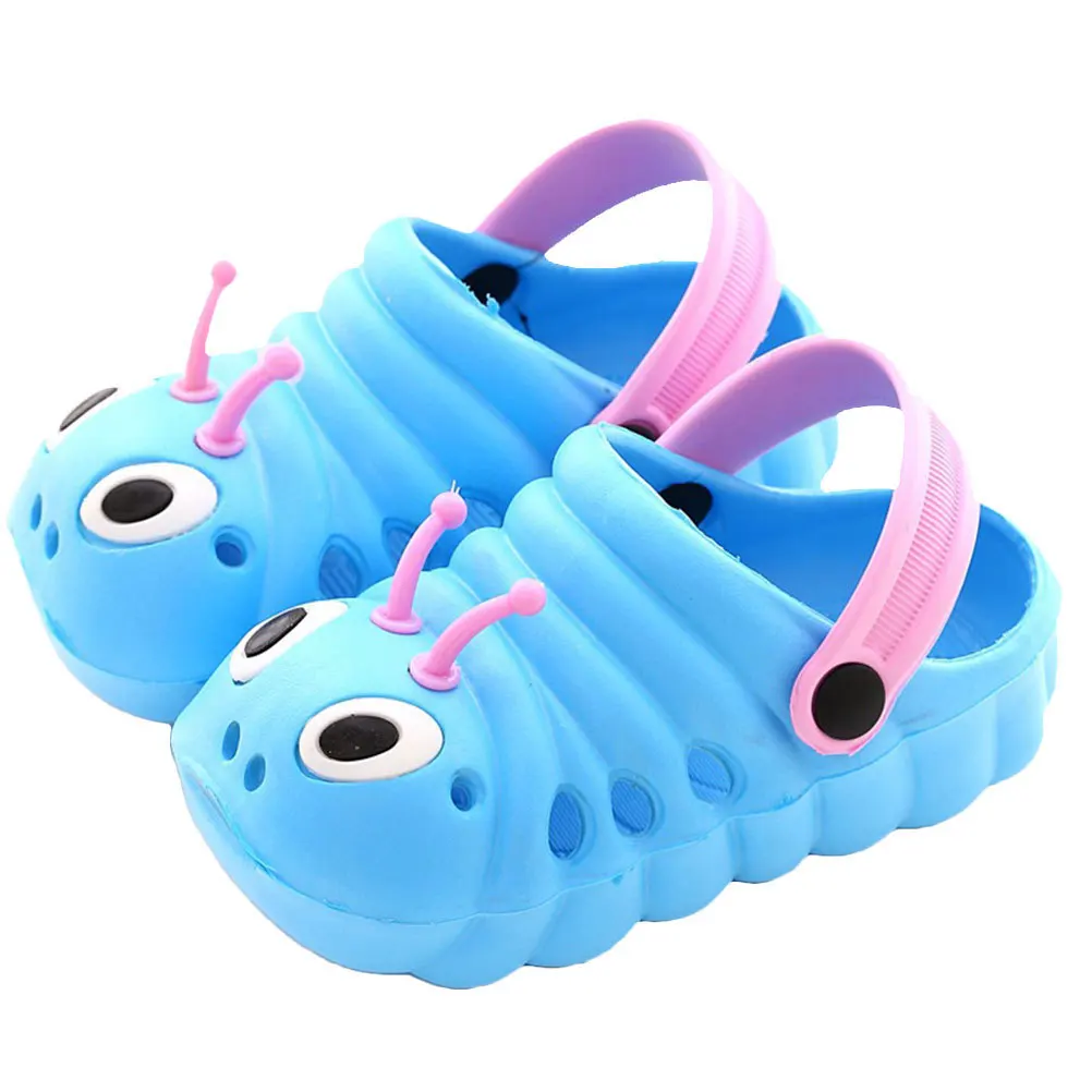 1 par de sandalias de playa para niños y niñas, zapatillas antideslizantes de verano con dibujos de oruga, color azul, talla 24, longitud 14,5 cm, ligeras y cómodas