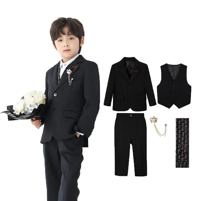 Children Luxurious 5Pieces Blazer Vest Pants Scarf Brooch Photograph Suit Boys Host Ceremony Dress Kids Birthday Evening Costume