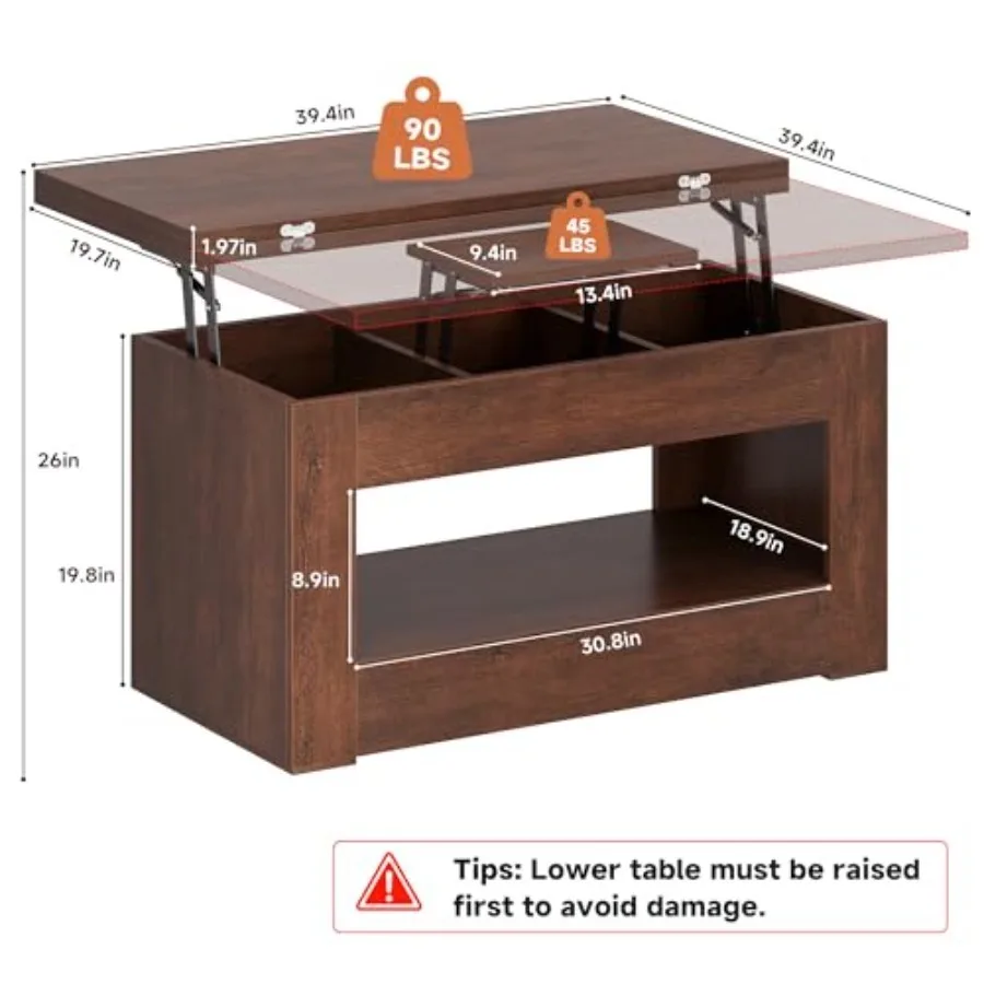 40" Lift Top Coffee Table, 4 in 1 Multi-Function Lift Coffee Table with Storage and Hidden Compartment, Convertible Coffee Tabl - Detail 1