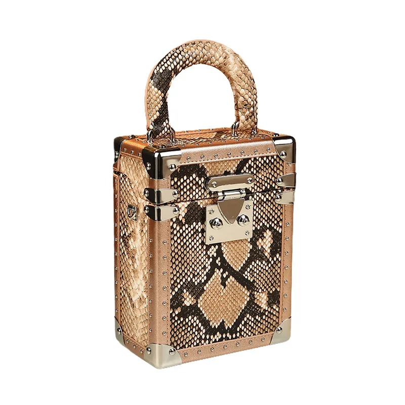 Vintage snake-pattern box bag with rivets and metal clasp, structured small square handbag, unique and stylish, can be worn as a