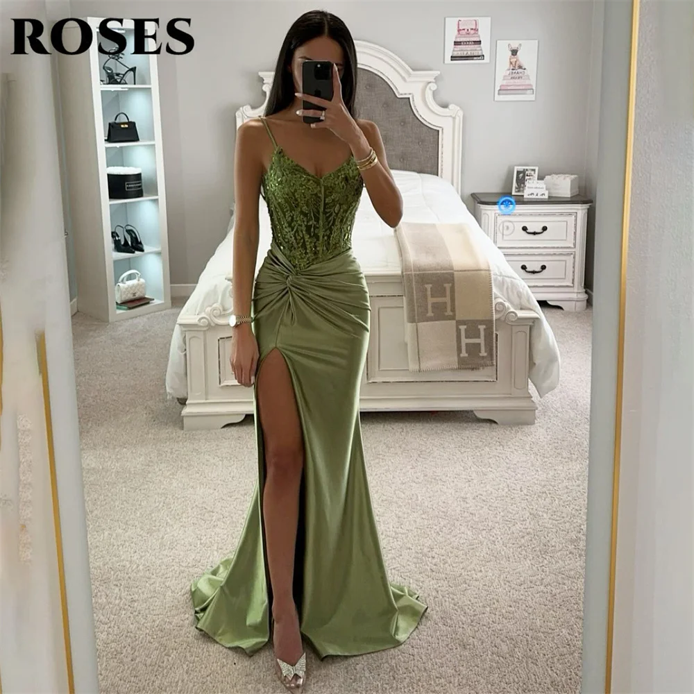 ROSES Green Evening Dress Spaghetti Strap Mermaid Party Dress with Pleats Satin Vestido De Novia Sexy Side High Split Prom Dress