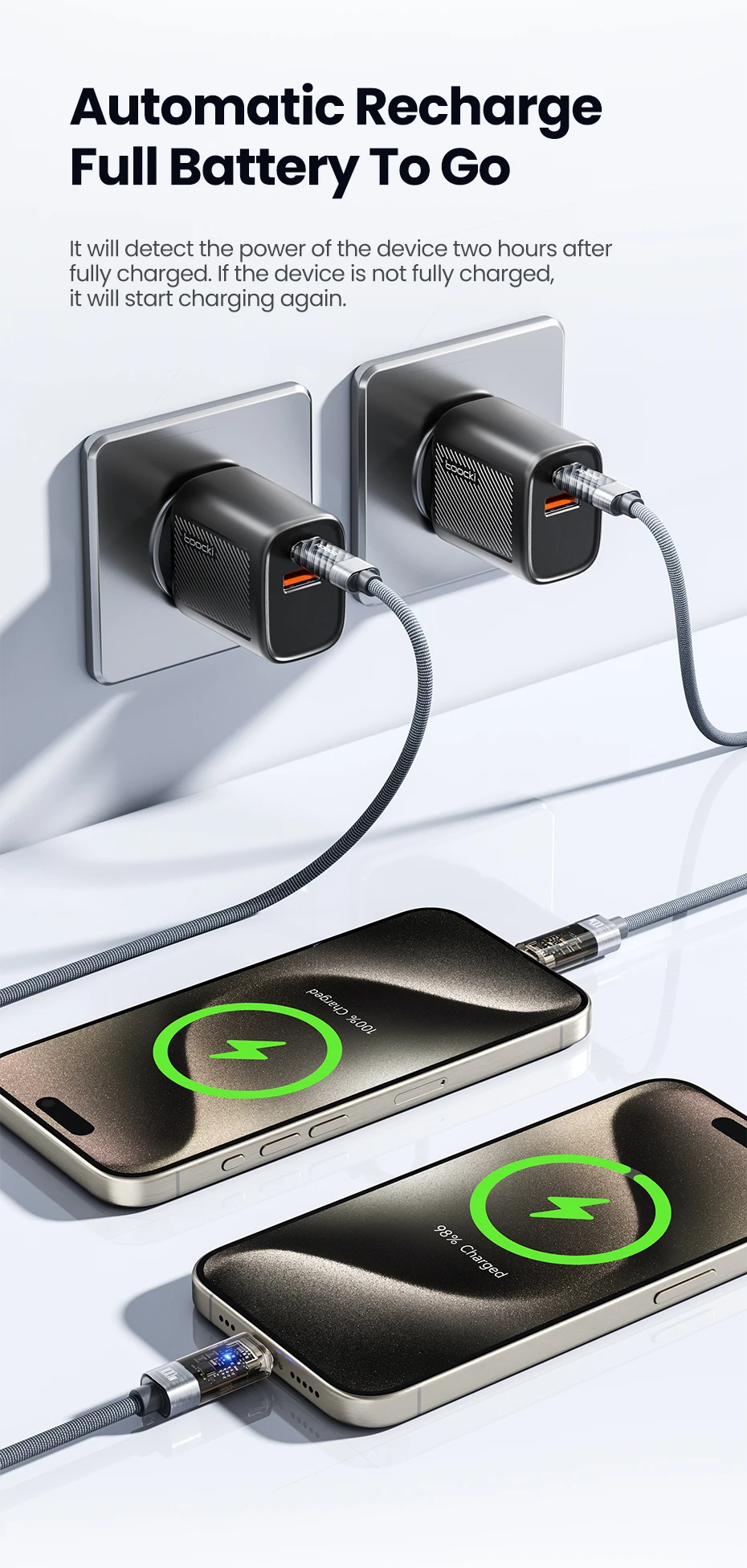 Toocki 100W USB-C-auf-USB-C-Kabel mit automatischer Abschaltung, PD3.1, QC4.0, Schnellladekabel für MacBook, iPhone 16, 15, Samsung S23, S24, Huawei. – Detail 4