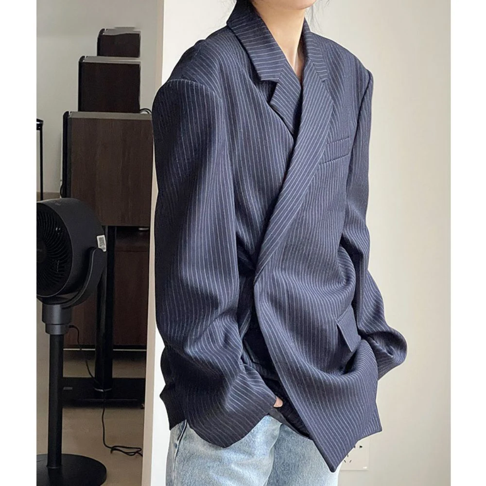 Vintage Striped Padded Lapel Blazer For Women 2023 Spring Fall Modern Wide Shoulder Single Breasted Suit Overcoat Casual Jacket