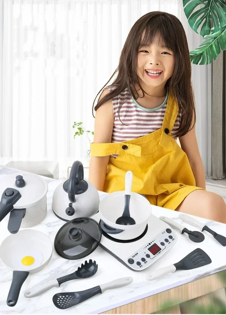 Maison de jeu, jouet, simulation de cuisine, cuisinière à Induction, bouilloires, effets sonores, ensemble de jeu lumineux LED, accessoires cadeaux de haute qualité